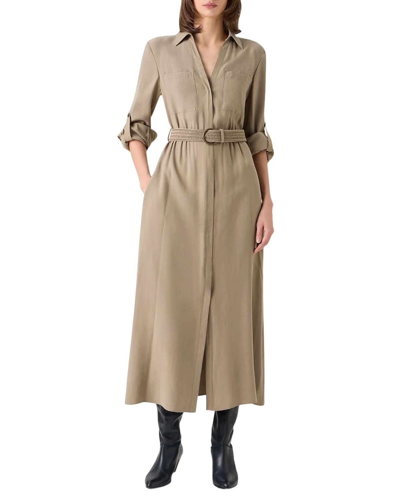 Long-Sleeve Belted Viscose Twill Midi Shirtdress Long-Sleeve Belted Viscose Twill Midi Shirtdress