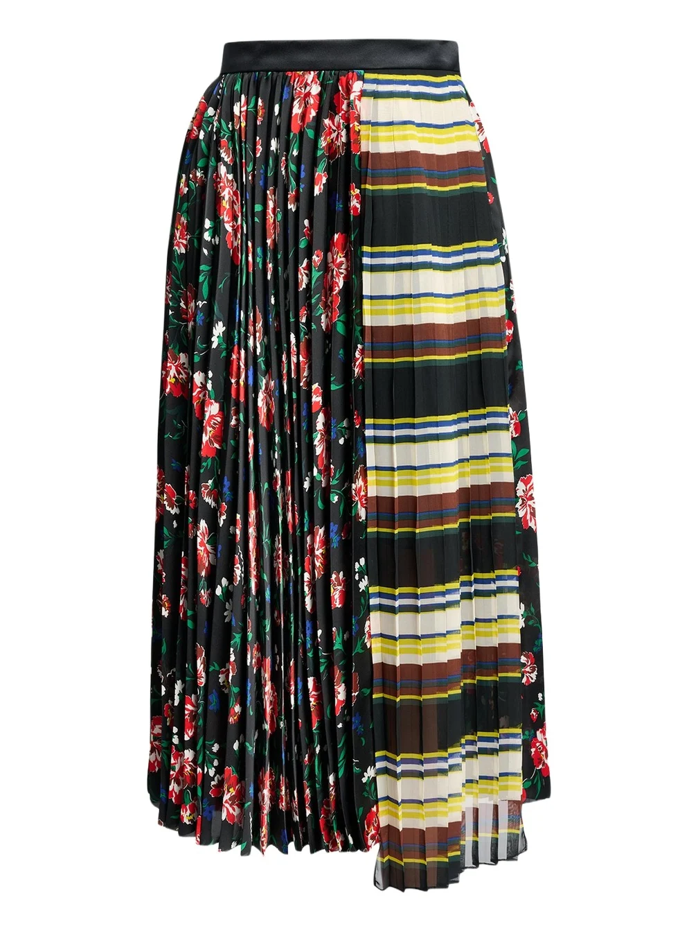 Mixed-Print Pleated Midi Skirt