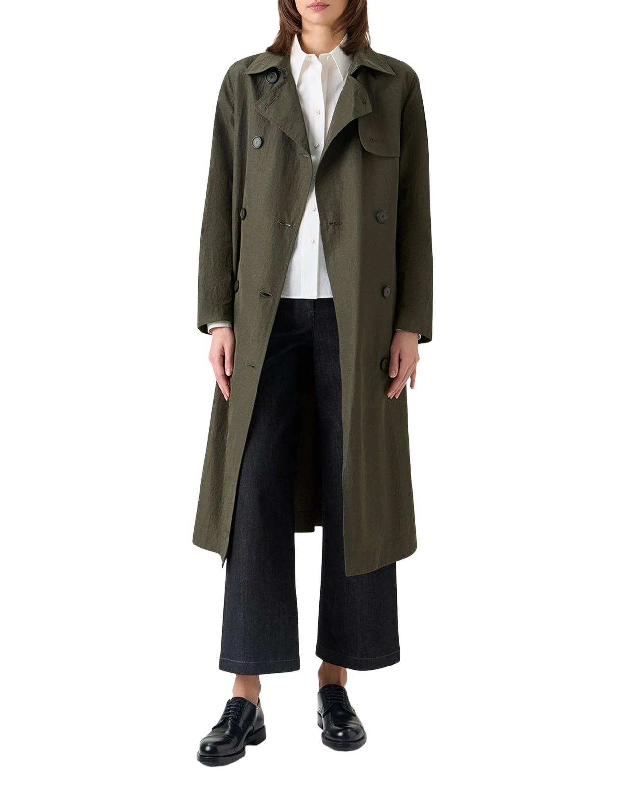 Double-Breasted Crinkled Parachute Taffeta Belted Trench Coat