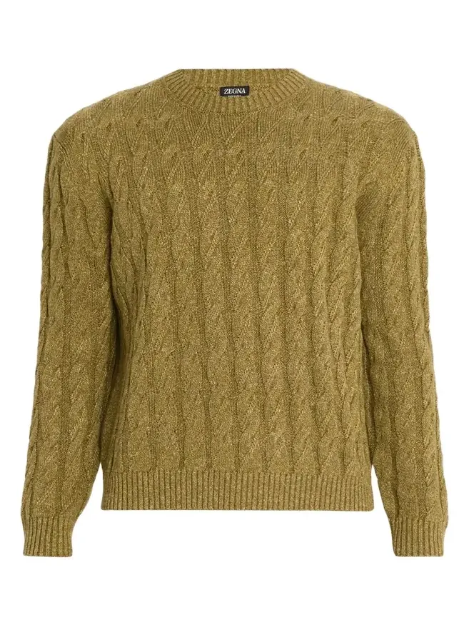 Zegna Men's Cable-Knit Melange Cashmere-Blend Crewneck Sweater