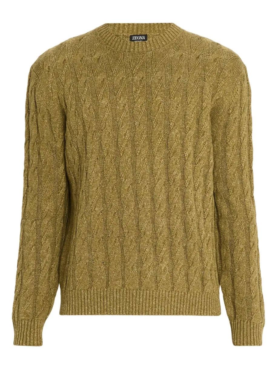 Zegna Men's Cable-Knit Melange Cashmere-Blend Crewneck Sweater