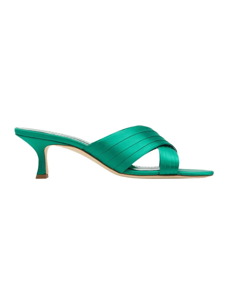 Manolo Blahnik Vieramul Pleated Satin Kitten-Heel Mule Sandals