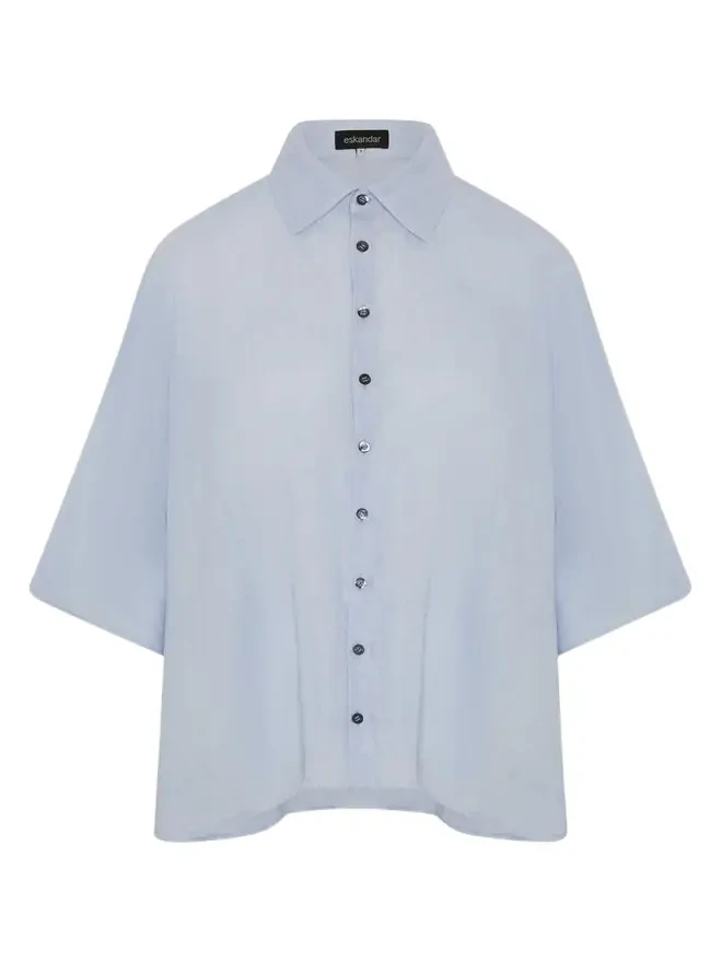 Sloped Shoulder Wide A-Line Short Sleeve Shirt With Collar - Mid Length
