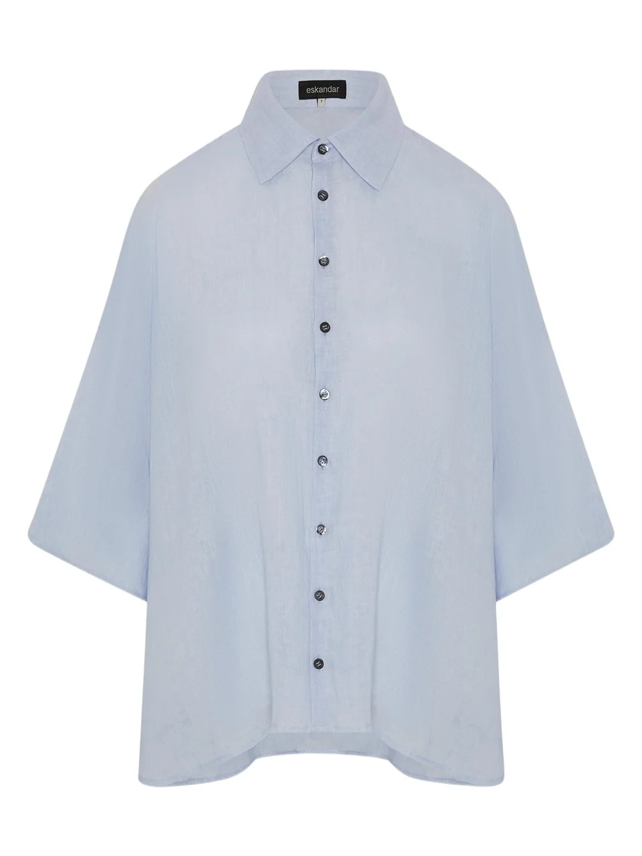 Sloped Shoulder Wide A-Line Short Sleeve Shirt With Collar - Mid Length