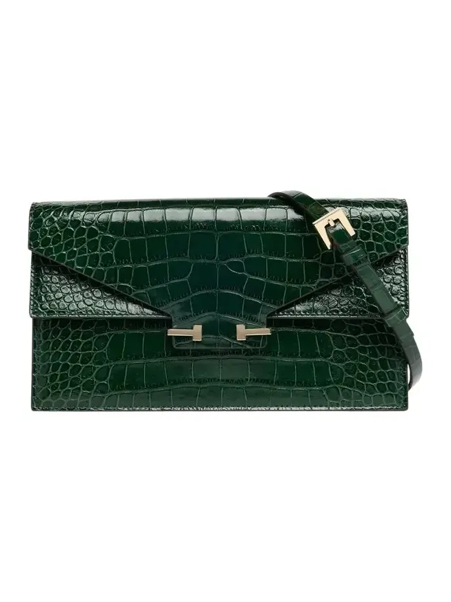 Small Croc-Embossed Leather T-Clasp Clutch Bag