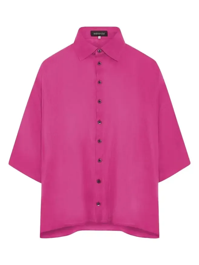 Sloped Shoulder Wide A-Line Short Sleeve Shirt With Collar - Mid Length