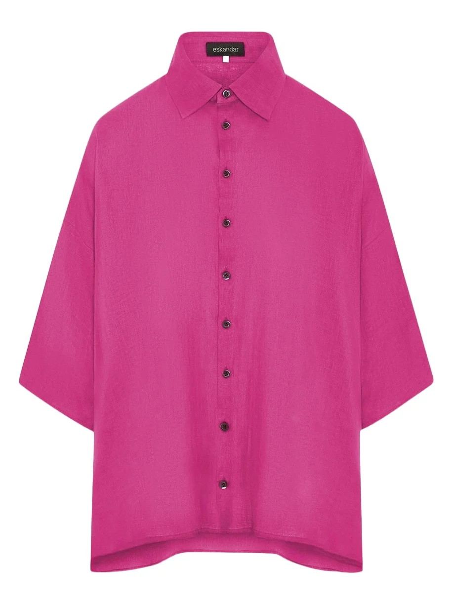Sloped Shoulder Wide A-Line Short Sleeve Shirt With Collar - Mid Length Sloped Shoulder Wide A-Line Short Sleeve Shirt With Collar - Mid Length