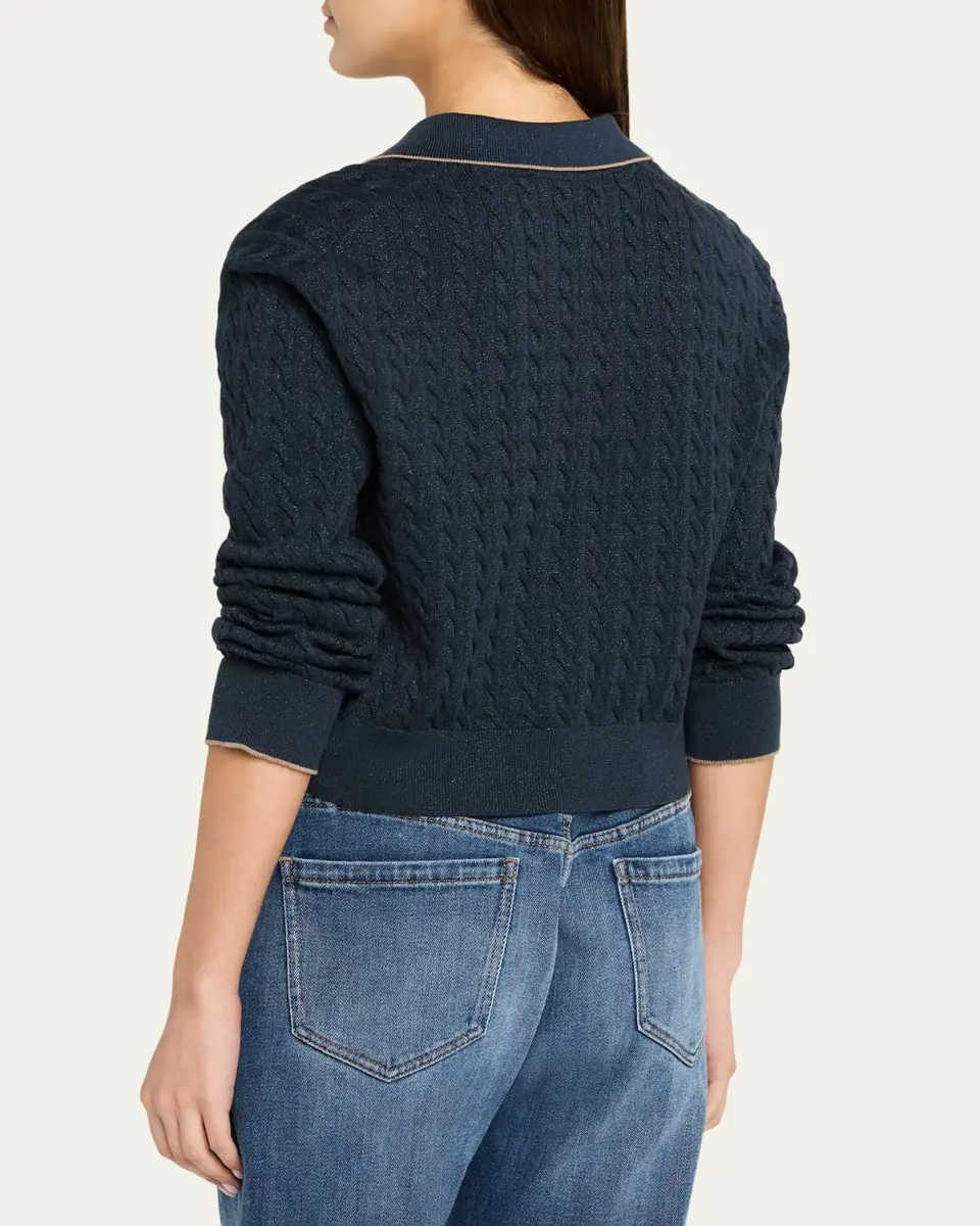Brunello Cucinelli Shimmering Cable Knit Collared Cardigan | Thumbnail 3 Brunello Cucinelli Shimmering Cable Knit Collared Cardigan | Thumbnail 3