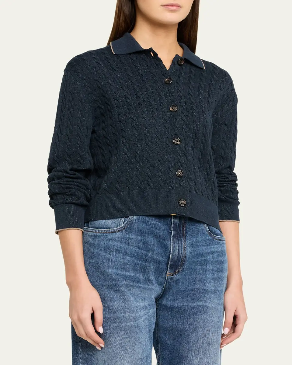 Brunello Cucinelli Shimmering Cable Knit Collared Cardigan | Thumbnail 4 Brunello Cucinelli Shimmering Cable Knit Collared Cardigan | Thumbnail 4