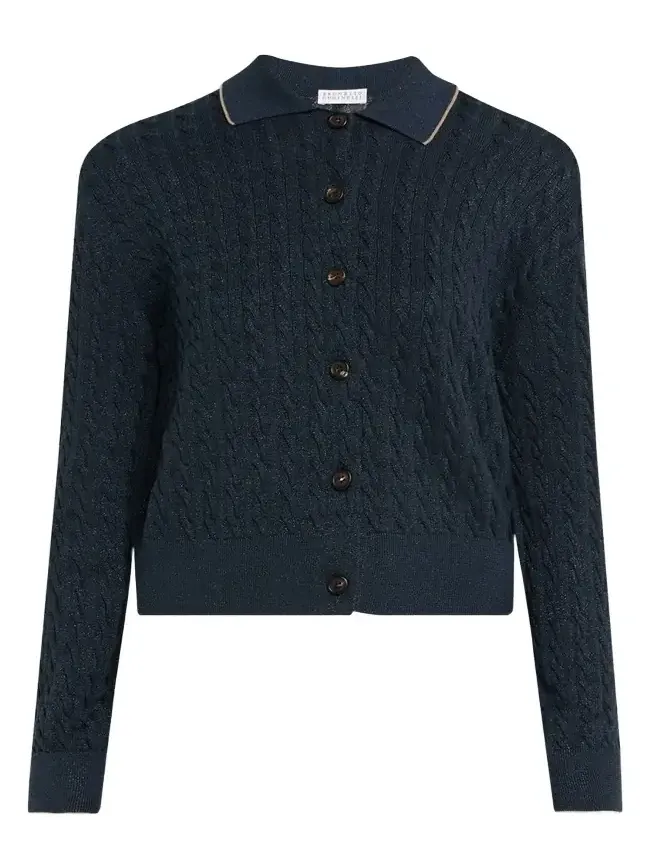 Brunello Cucinelli Shimmering Cable Knit Collared Cardigan