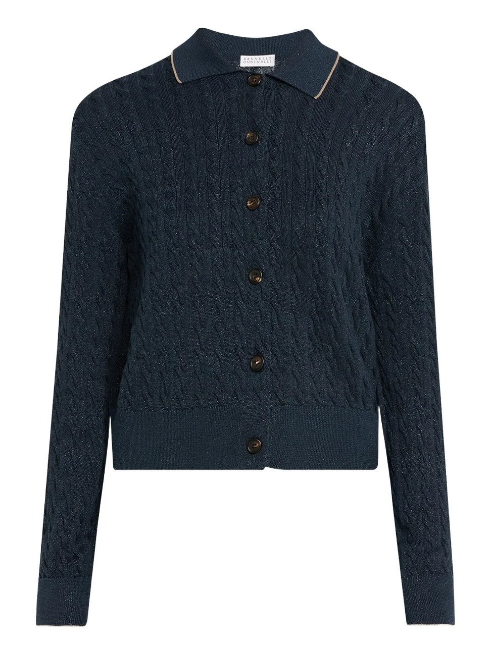 Brunello Cucinelli Shimmering Cable Knit Collared Cardigan