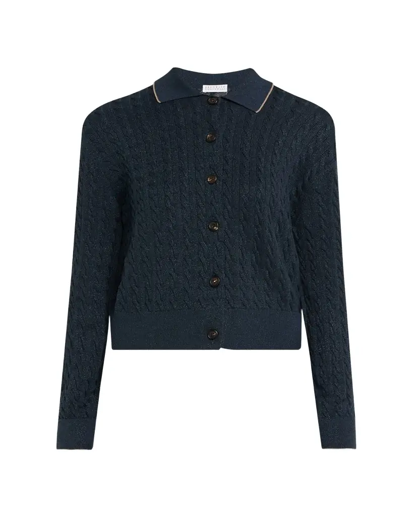 Brunello Cucinelli Shimmering Cable Knit Collared Cardigan