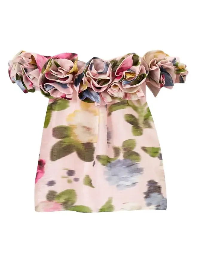 Rosette Off-The-Shoulder Floral Silk Blouse