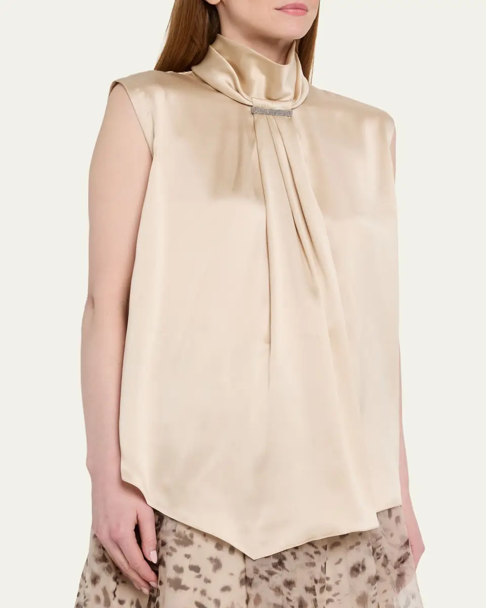 Brunello Cucinelli Sleeveless Silk Turtleneck Blouse w/ Monili | Thumbnail 4 Brunello Cucinelli Sleeveless Silk Turtleneck Blouse w/ Monili | Thumbnail 4