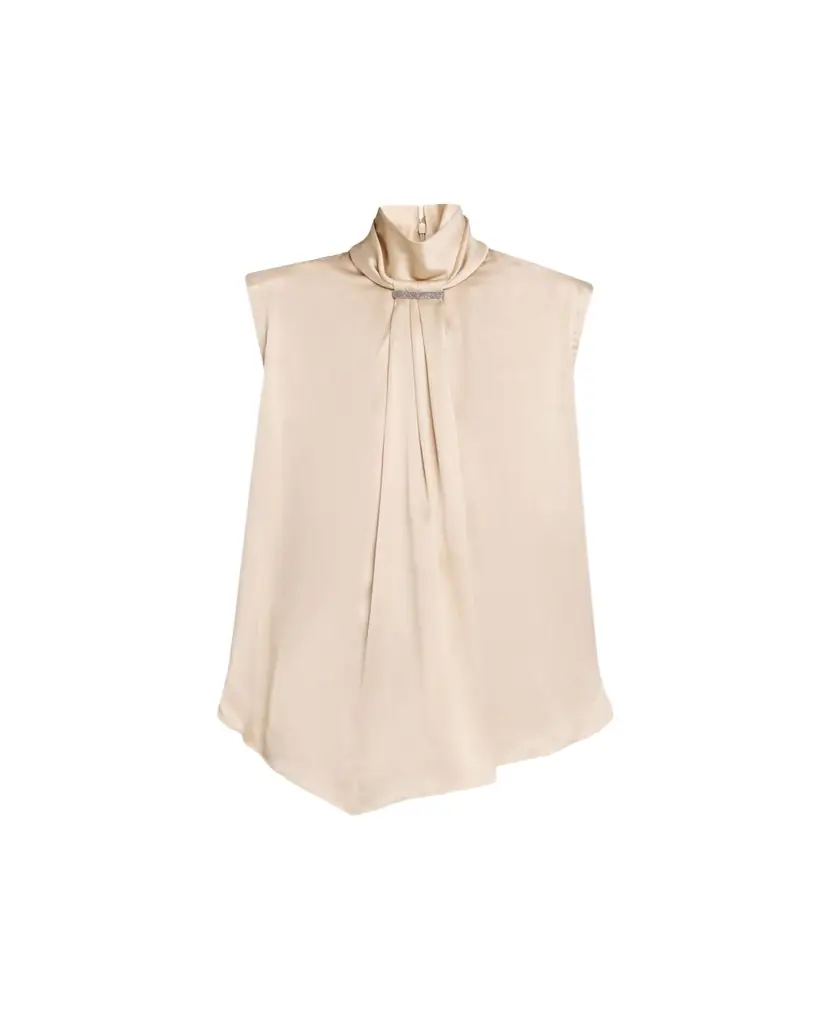 Brunello Cucinelli Sleeveless Silk Turtleneck Blouse w/ Monili