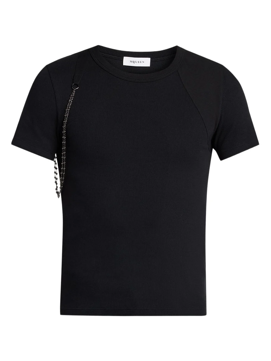Alexander McQueen Men's Beaded Harness Micro-Rib Cotton Crewneck T-Shirt