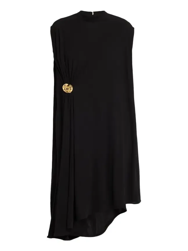 Mock-Neck Gathered Jersey Asymmetric Midi Dress
