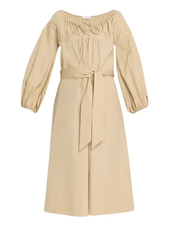Shirred Cotton Belted Tie-Neck Midi Dress