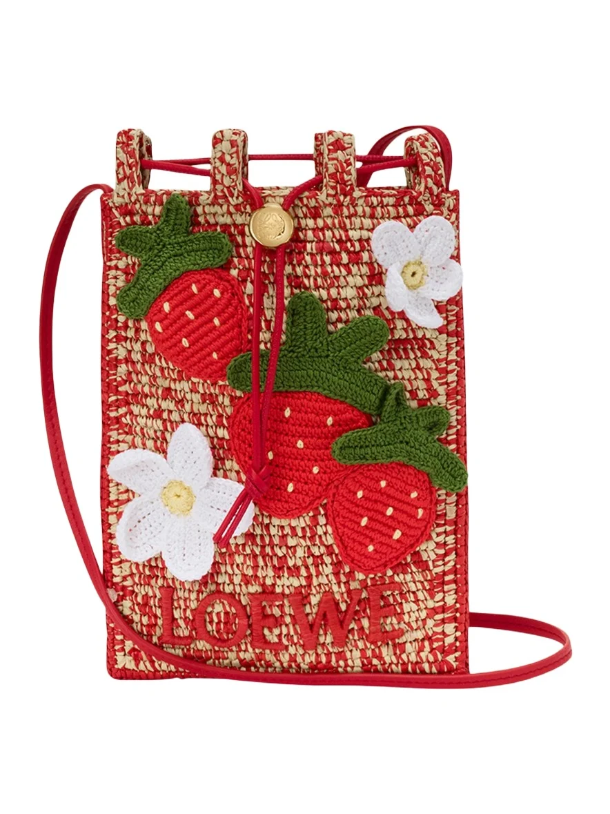 x Paula's Ibiza Strawberry Applique Raffia Pouch Bag