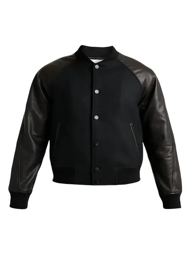 Men's Mixed Material Wool and Leather Bomber Jacket Men's Mixed Material Wool and Leather Bomber Jacket