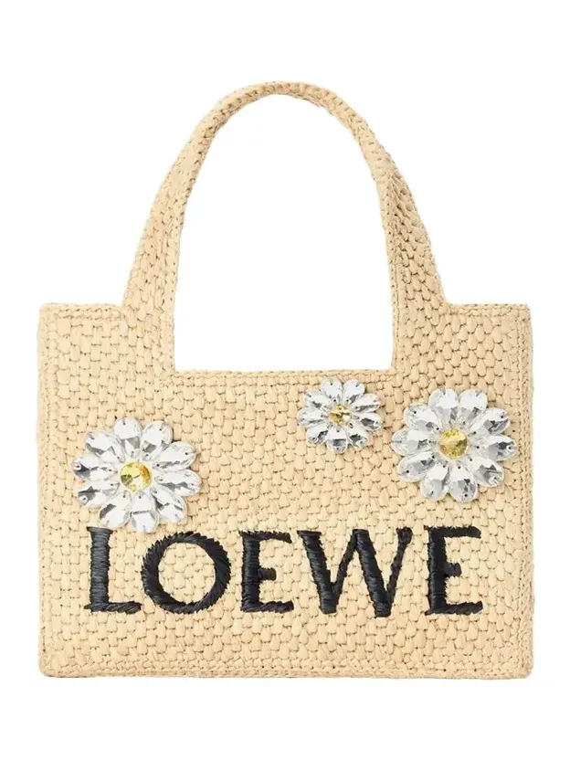 x Paula's Ibiza Crystal Floral Applique Raffia Tote Bag