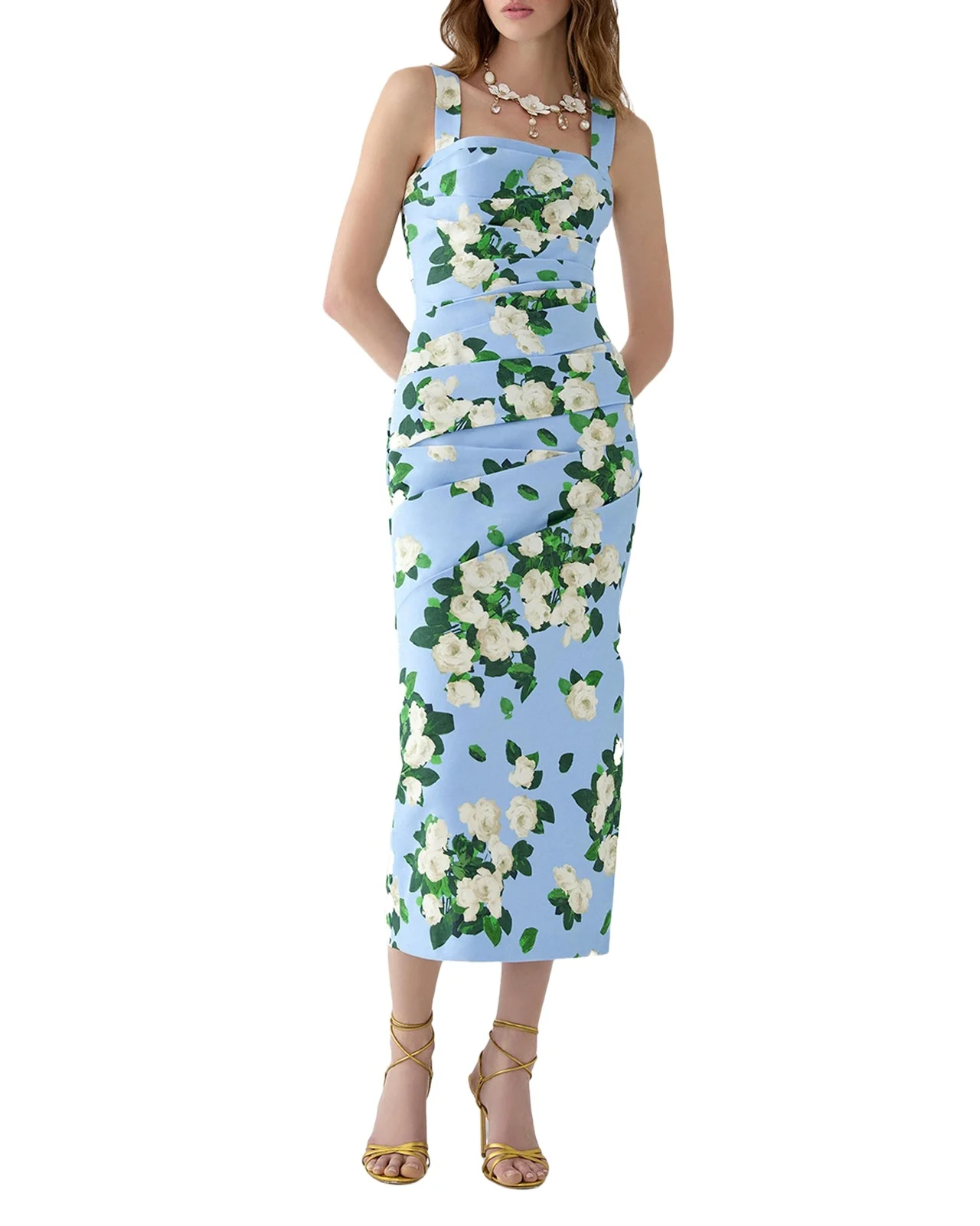 Draped Floral Cotton Sleeveless Midi Dress