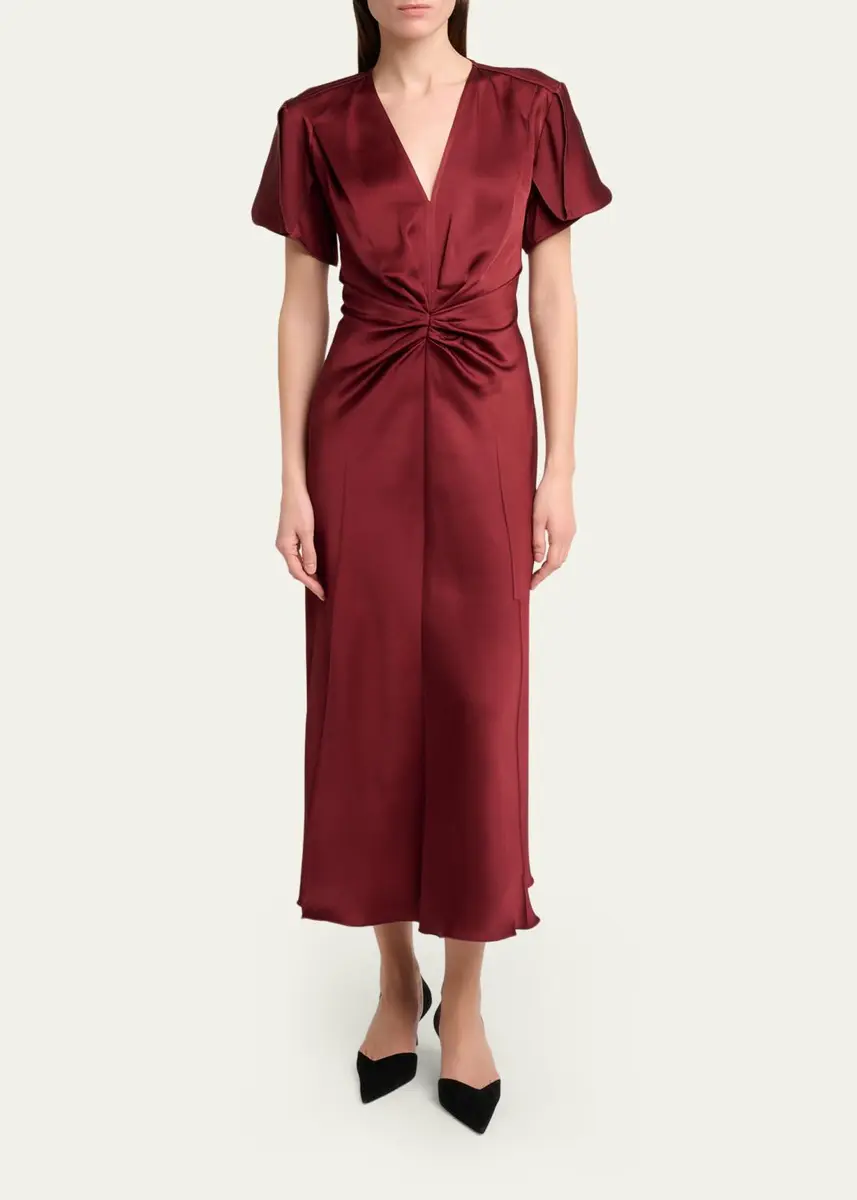 Victoria Beckham Eve Gathered-Waist Satin Midi Dress | Thumbnail 2