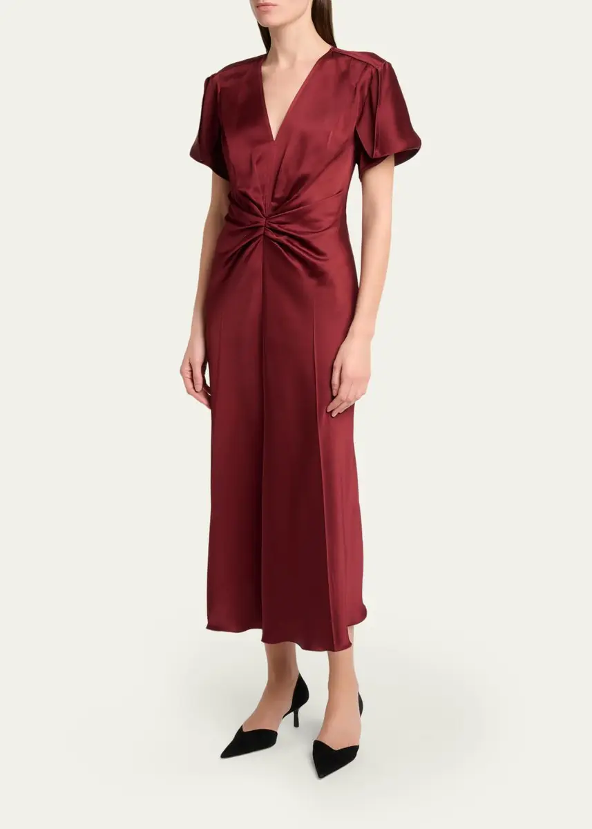 Victoria Beckham Eve Gathered-Waist Satin Midi Dress | Thumbnail 4