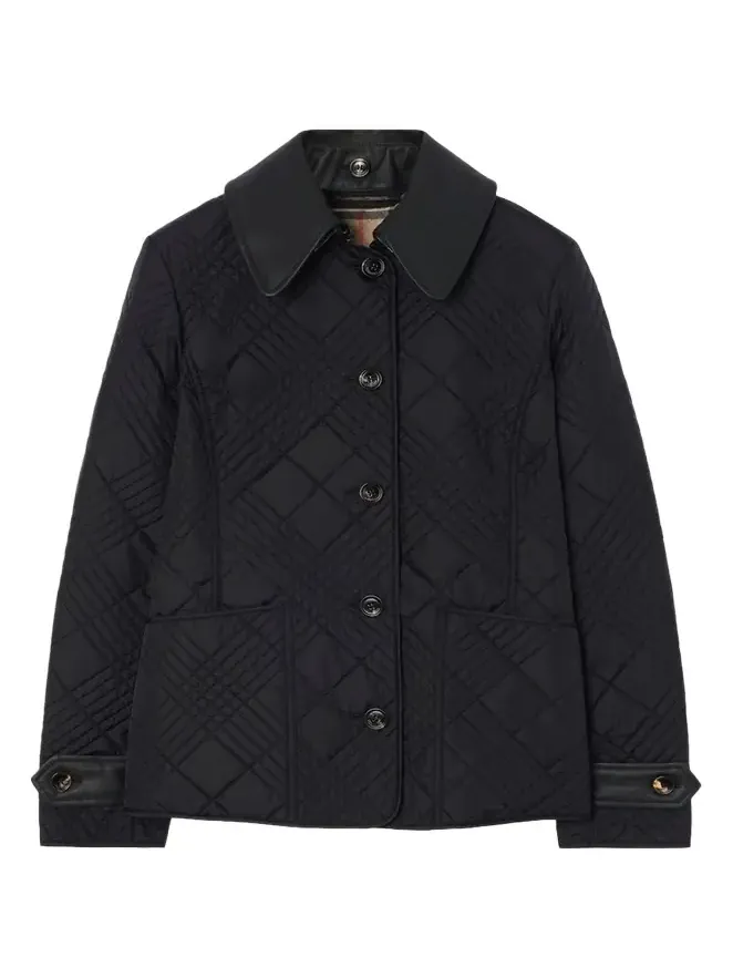Fernleigh Leather-Collar Check Quilted Jacket Fernleigh Leather-Collar Check Quilted Jacket