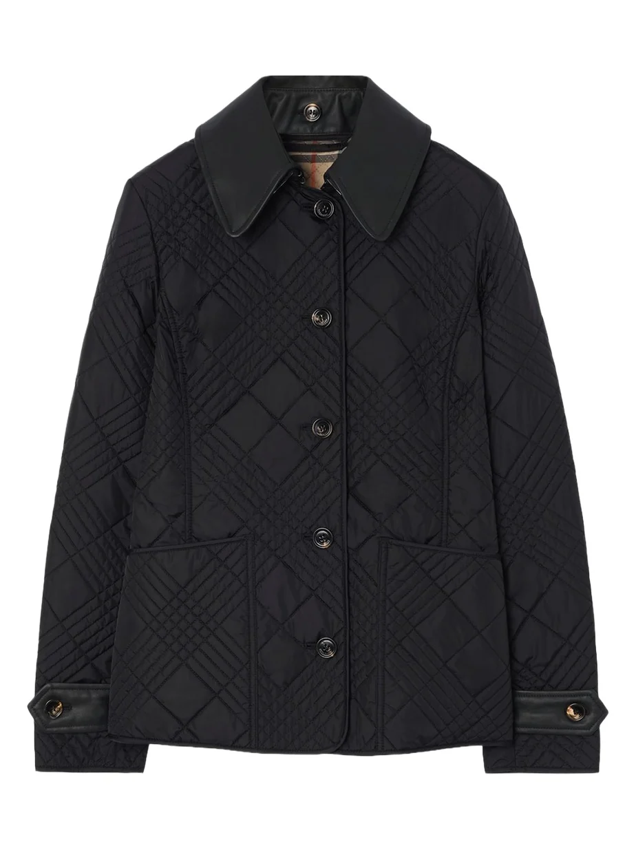 Fernleigh Leather-Collar Check Quilted Jacket Fernleigh Leather-Collar Check Quilted Jacket