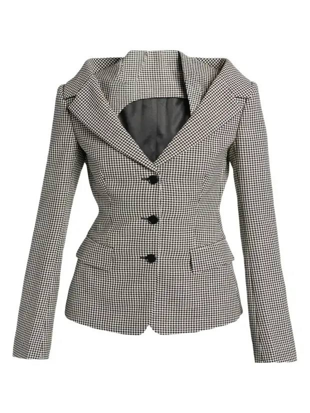 Gingham Off-The-Shoulder Single-Breasted Jacket