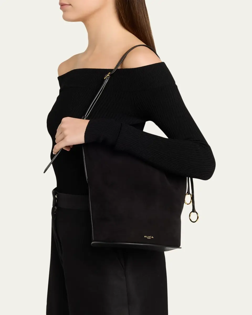 ALAÏA Small Smooth Suede & Leather Curved Bucket Bag | Thumbnail 2 ALAÏA Small Smooth Suede & Leather Curved Bucket Bag | Thumbnail 2