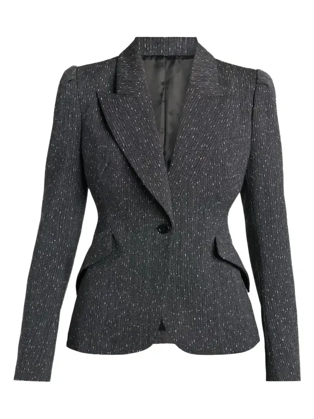 Pinstripe Wool Puff-Sleeve One-Button Jacket