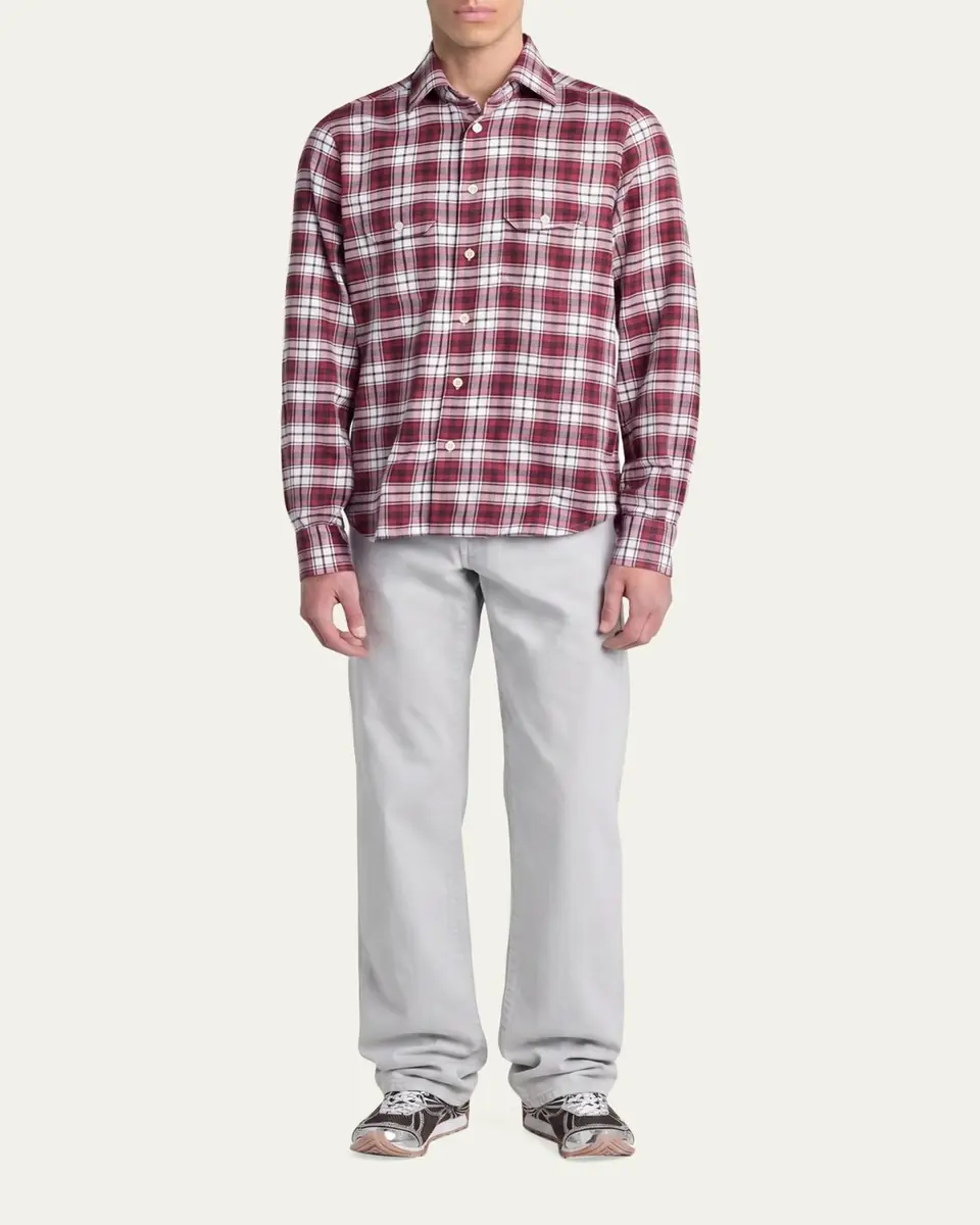 Kiton Men's Cotton and Cashmere Plaid Double-Pocket Button-Down Shirt | Thumbnail 2 Kiton Men's Cotton and Cashmere Plaid Double-Pocket Button-Down Shirt | Thumbnail 2