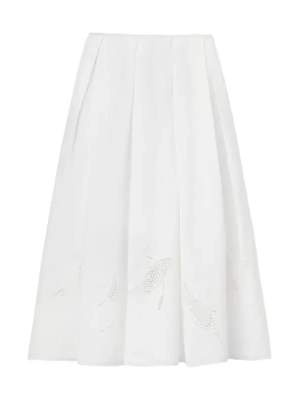 Pleated Cutout Embroidered Linen Maxi Skirt