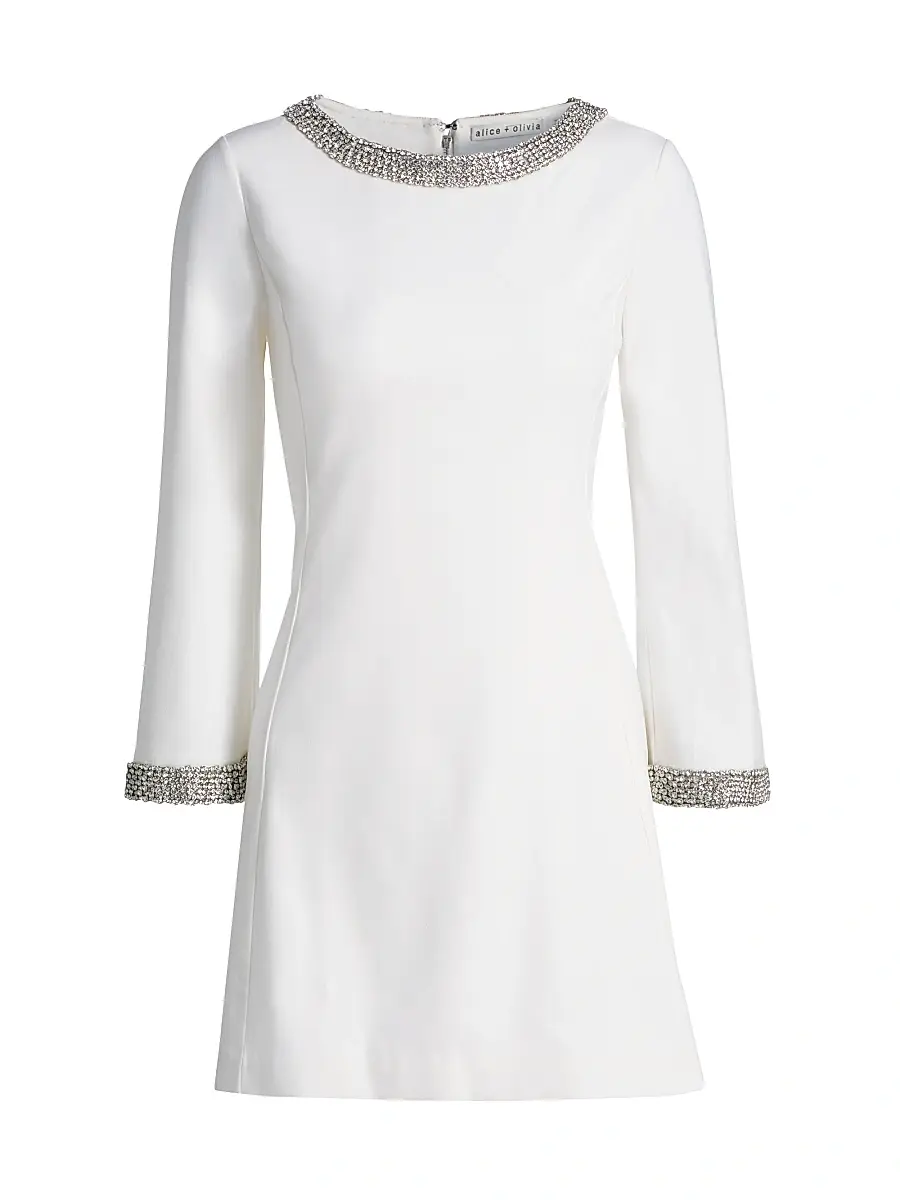ALICE + OLIVIA Women's Mailynn Embellished-Trim Bell-Sleeve Minidress - Off White Crystal | Image 1 ALICE + OLIVIA Women's Mailynn Embellished-Trim Bell-Sleeve Minidress - Off White Crystal | Image 1