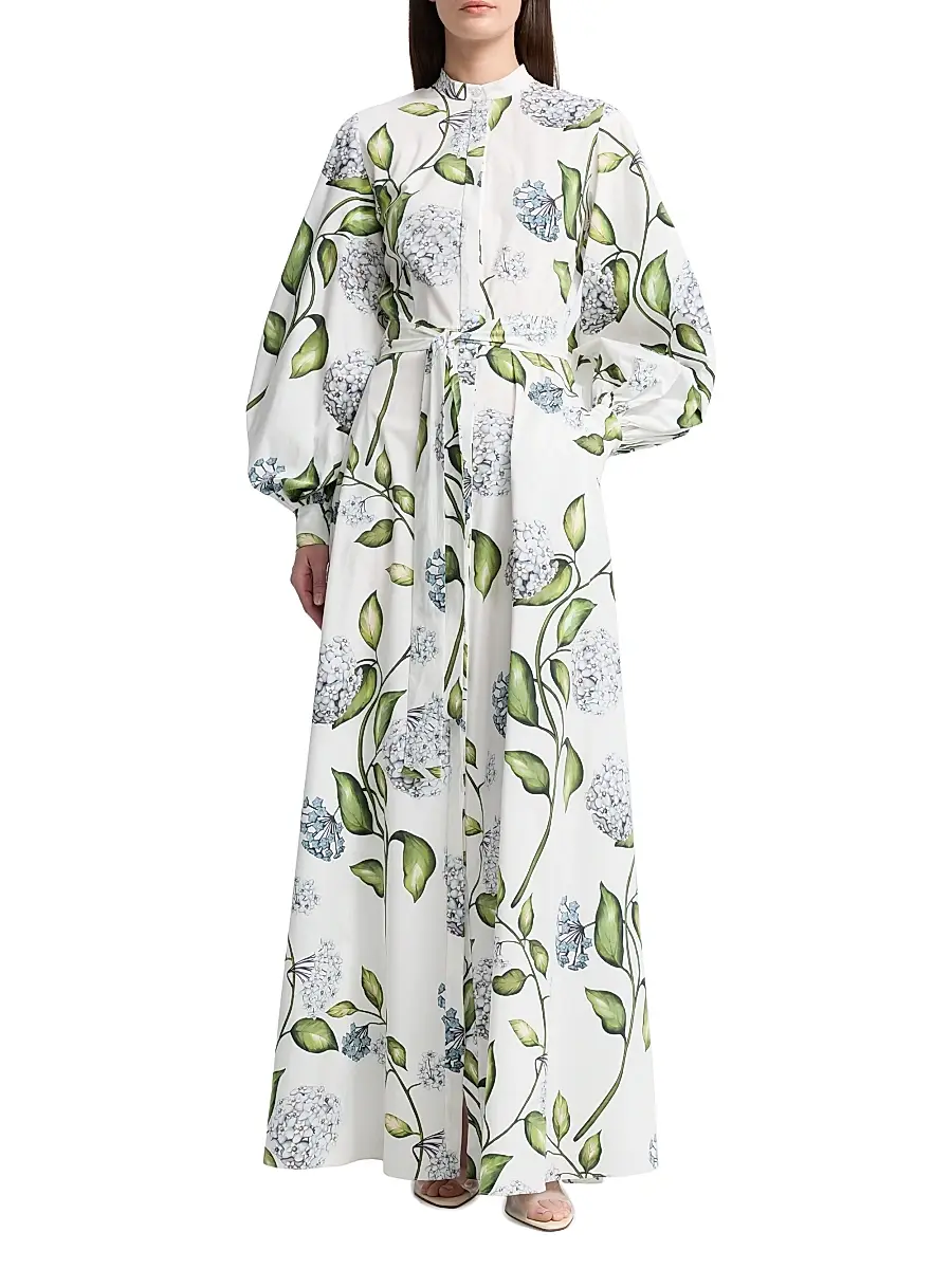 Oscar de la Renta Women's Porcelain Flowers Poplin Balloon-Sleeve Maxi Dress - Denim White | Thumbnail 2