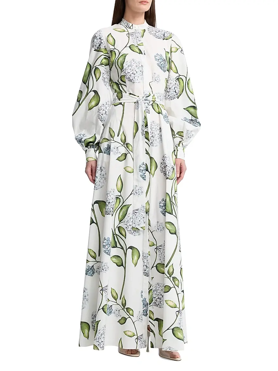 Oscar de la Renta Women's Porcelain Flowers Poplin Balloon-Sleeve Maxi Dress - Denim White | Thumbnail 3