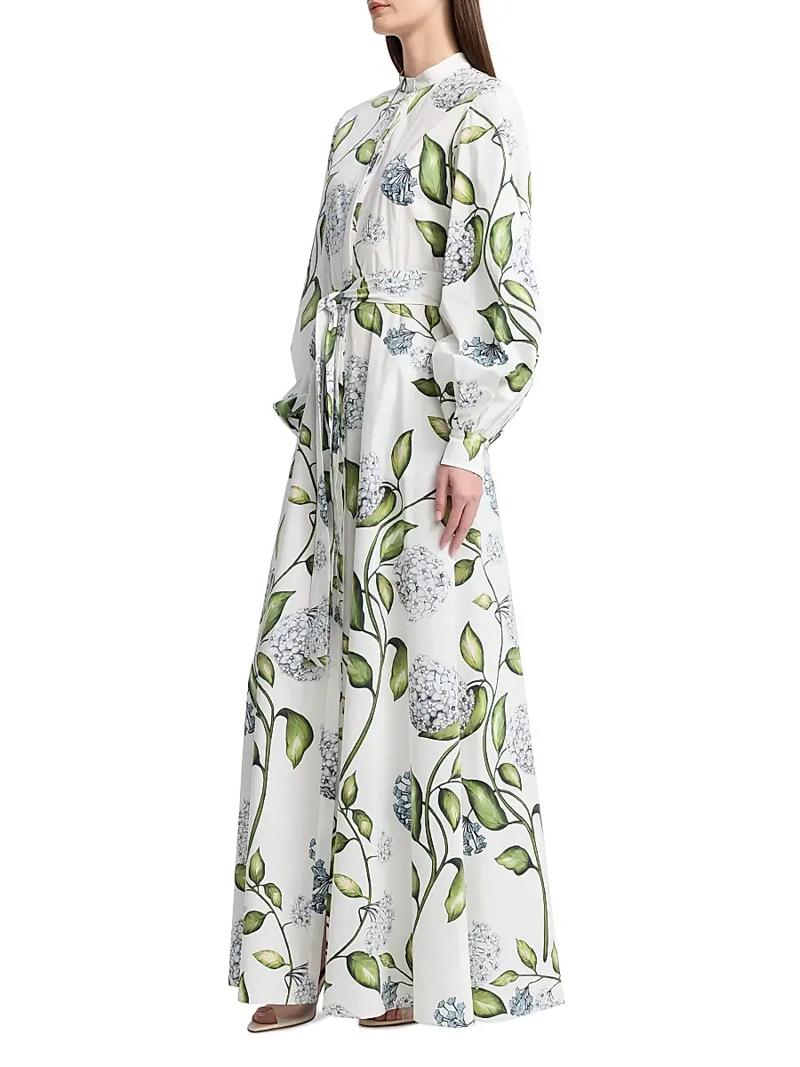 Oscar de la Renta Women's Porcelain Flowers Poplin Balloon-Sleeve Maxi Dress - Denim White | Thumbnail 4