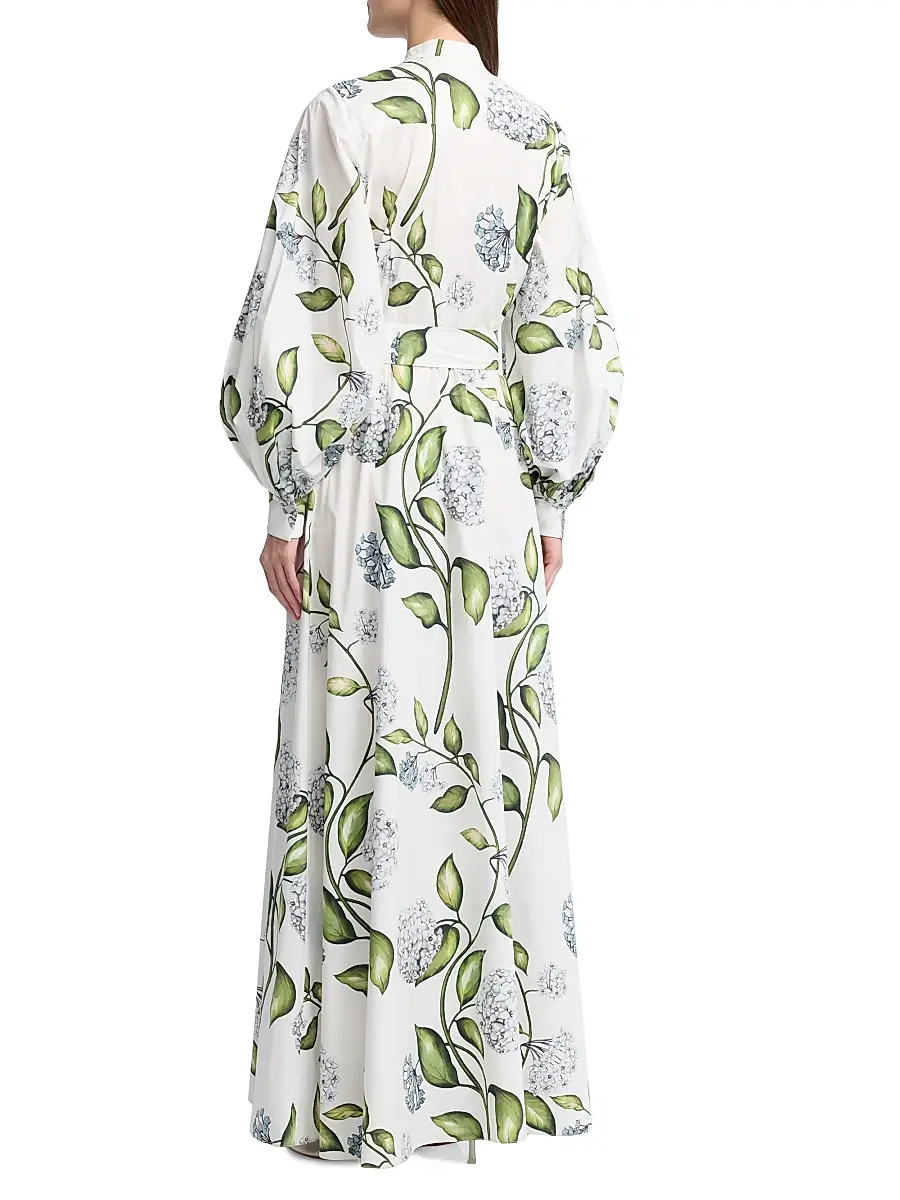 Oscar de la Renta Women's Porcelain Flowers Poplin Balloon-Sleeve Maxi Dress - Denim White | Thumbnail 5