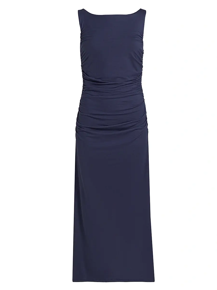Reformation Women's Benson Ruched Stretch Jersey Midi-Dress - Midnight | Image 1 Reformation Women's Benson Ruched Stretch Jersey Midi-Dress - Midnight | Image 1