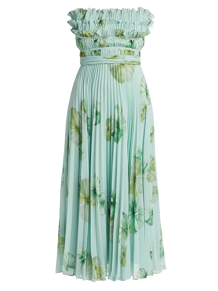 AMUR Women's Cathy Floral Plissé Strapless Midi-Dress - Lilypad Pond | Image 1 AMUR Women's Cathy Floral Plissé Strapless Midi-Dress - Lilypad Pond | Image 1