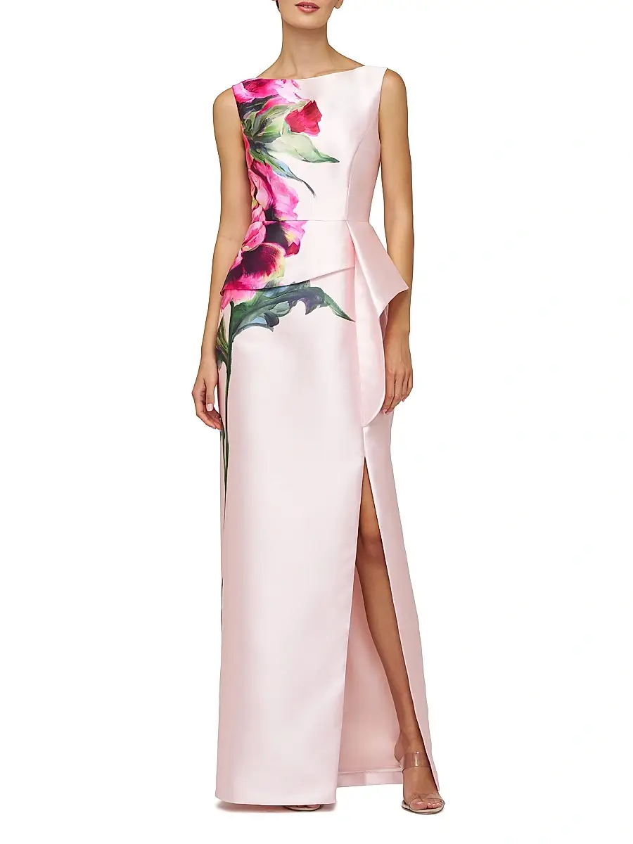 Kay Unger Women's Luciana Satin Floral Column Gown - Blush | Image 1 Kay Unger Women's Luciana Satin Floral Column Gown - Blush | Image 1