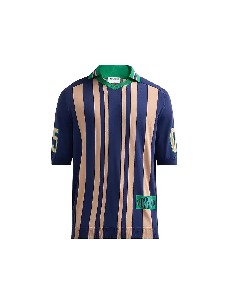 MOSCHINO Men's Striped Johnny Collar Polo Sweater - Multi Blue - Size 38 | Image 1 MOSCHINO Men's Striped Johnny Collar Polo Sweater - Multi Blue - Size 38 | Image 1