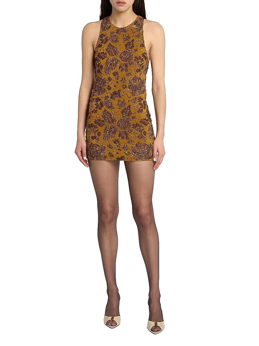Saint Laurent Women's Cross-Back Mini Dress in Stretch Brocade - Mordore Or | Thumbnail 2 Saint Laurent Women's Cross-Back Mini Dress in Stretch Brocade - Mordore Or | Thumbnail 2