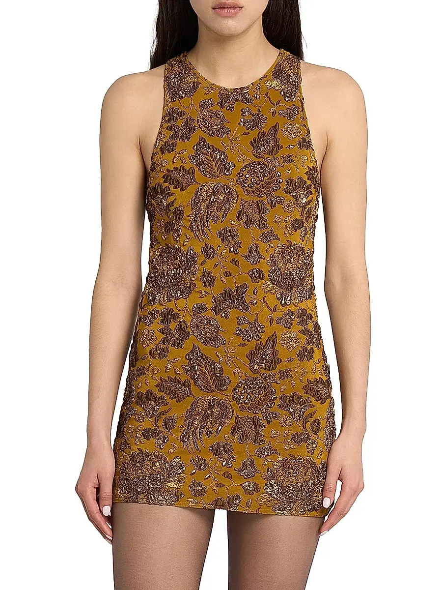 Saint Laurent Women's Cross-Back Mini Dress in Stretch Brocade - Mordore Or | Thumbnail 3 Saint Laurent Women's Cross-Back Mini Dress in Stretch Brocade - Mordore Or | Thumbnail 3