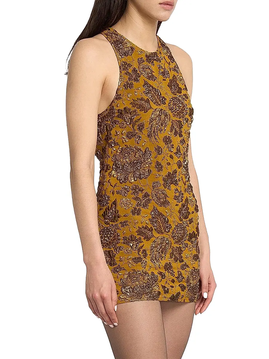 Saint Laurent Women's Cross-Back Mini Dress in Stretch Brocade - Mordore Or | Thumbnail 4 Saint Laurent Women's Cross-Back Mini Dress in Stretch Brocade - Mordore Or | Thumbnail 4