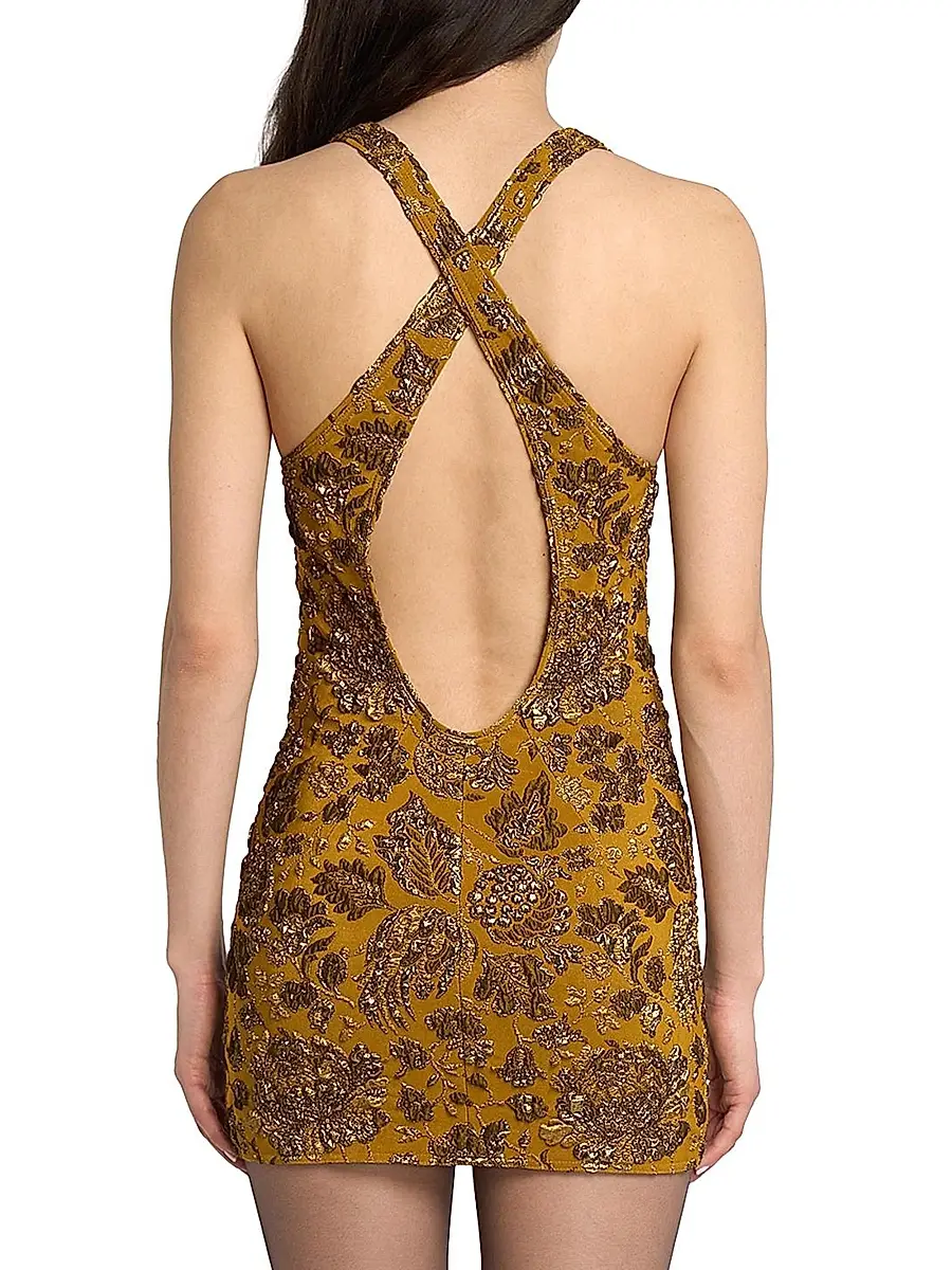 Saint Laurent Women's Cross-Back Mini Dress in Stretch Brocade - Mordore Or | Thumbnail 5 Saint Laurent Women's Cross-Back Mini Dress in Stretch Brocade - Mordore Or | Thumbnail 5