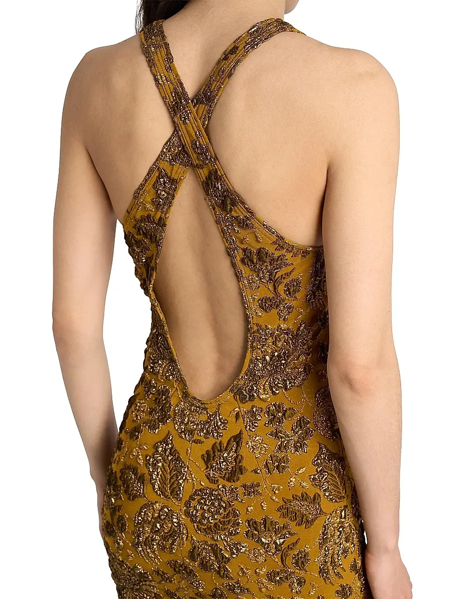 Saint Laurent Women's Cross-Back Mini Dress in Stretch Brocade - Mordore Or | Thumbnail 6 Saint Laurent Women's Cross-Back Mini Dress in Stretch Brocade - Mordore Or | Thumbnail 6