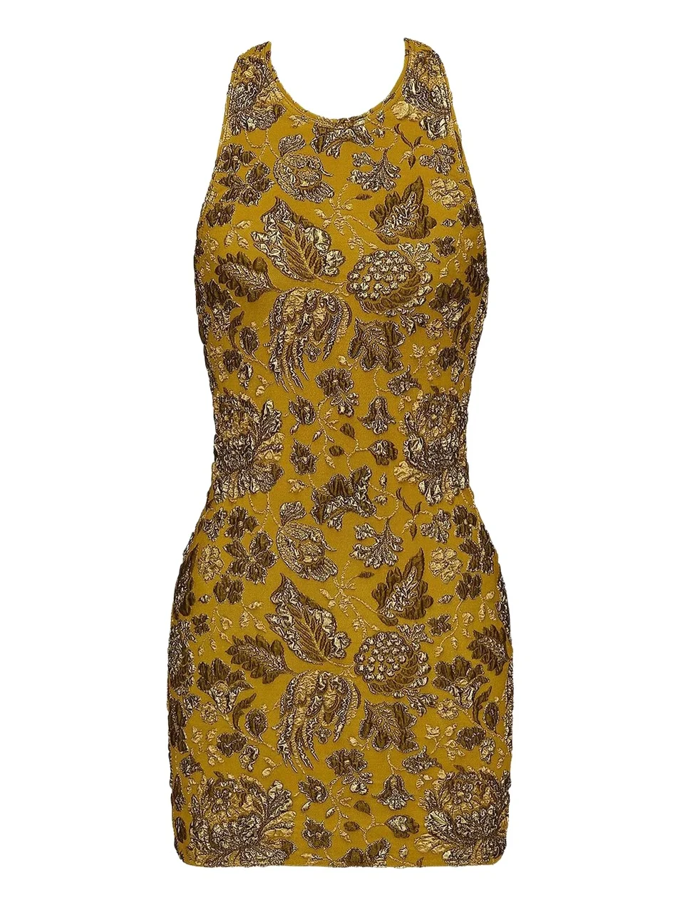 Women's Cross-Back Mini Dress in Stretch Brocade - Mordore Or Women's Cross-Back Mini Dress in Stretch Brocade - Mordore Or